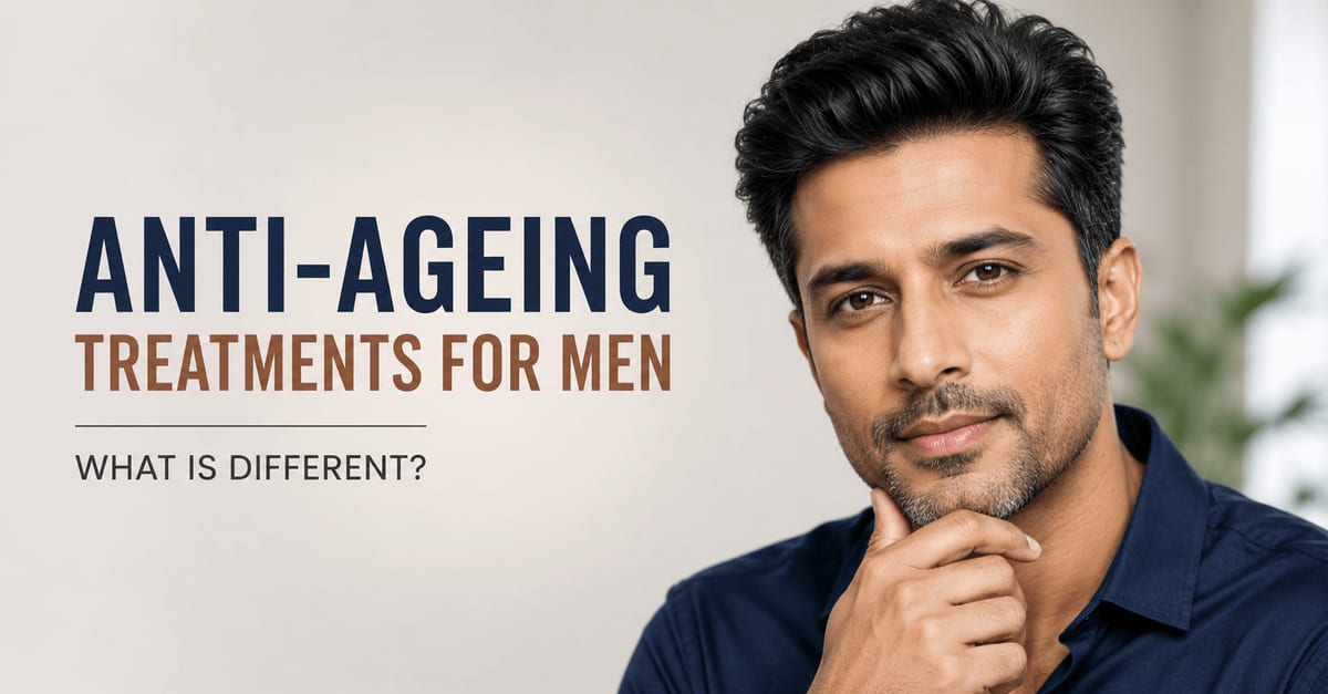 Indian man consulting a dermatologist about anti-ageing treatments including Botox, skin tightening, laser rejuvenation, and men's skincare.