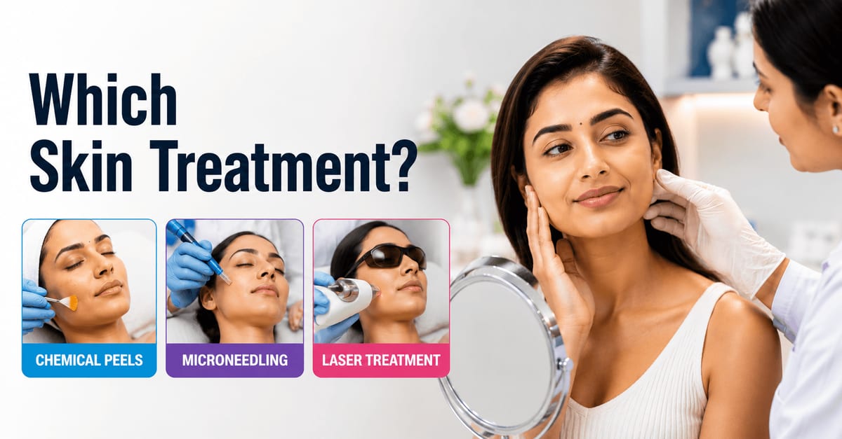 Indian woman consulting a dermatologist while comparing chemical peels, microneedling, laser treatment, and injectable skin rejuvenation procedures.