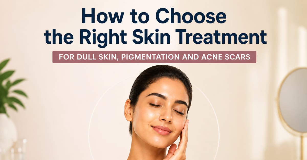 Woman with clear, glowing skin under the title “How to Choose the Right Skin Treatment for Dull Skin, Pigmentation and Acne Scars”.