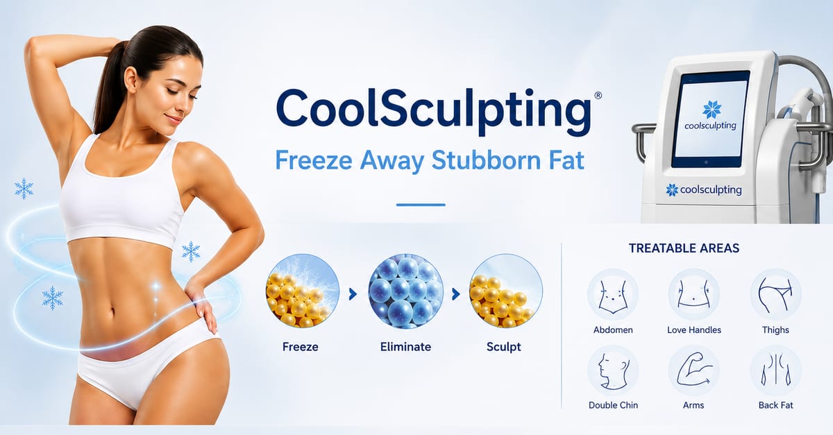 CoolSculpting fat freezing: a woman beside a CoolSculpting device, with the freeze, eliminate and sculpt stages and the body areas it treats.