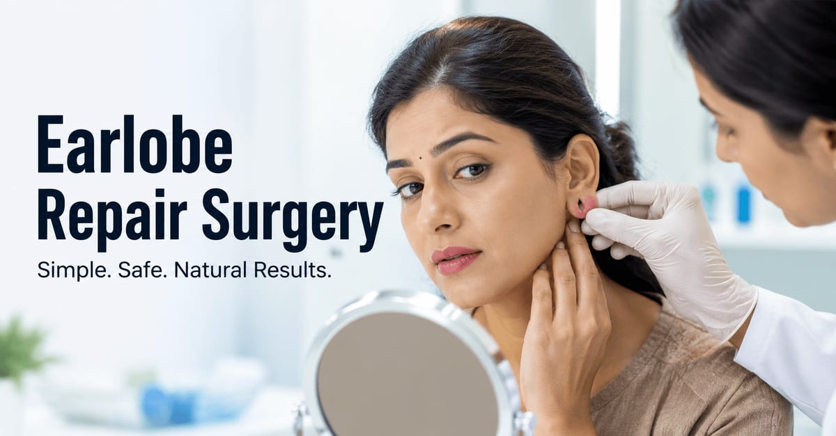 Indian woman consulting a dermatologist for torn earlobe repair surgery in a modern dermatology clinic.