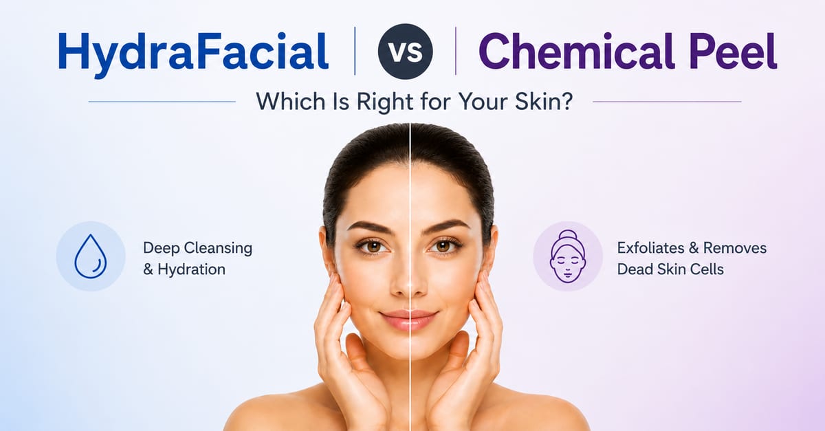 HydraFacial vs chemical peel: a woman’s face split down the middle, deep cleansing and hydration on one side and exfoliation on the other.