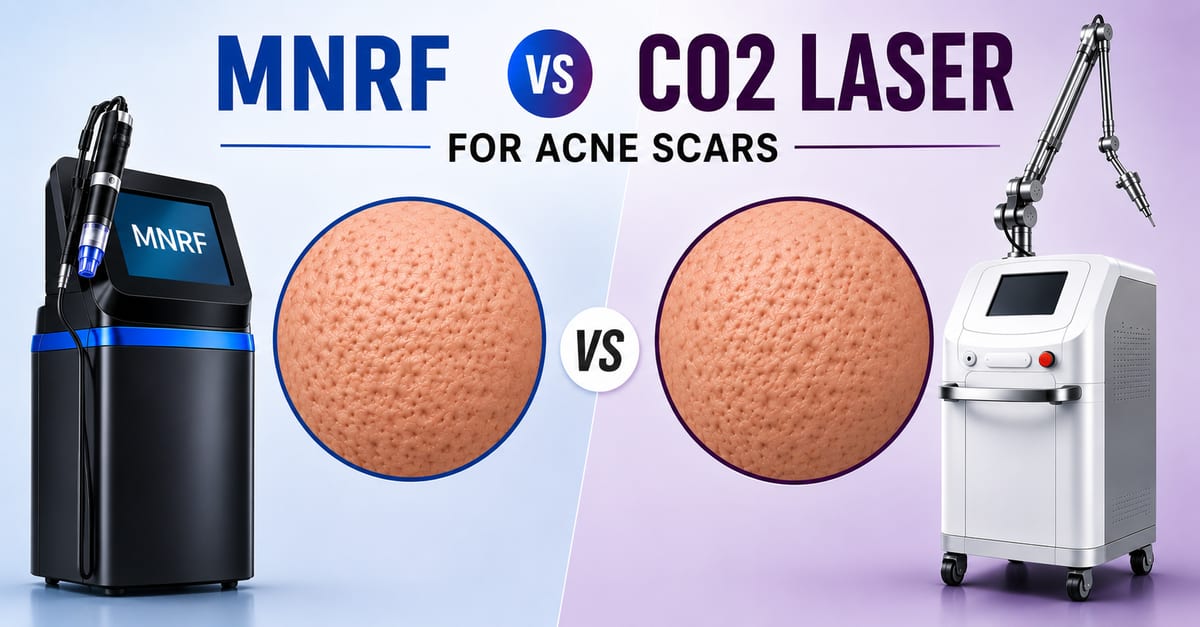 MNRF vs CO2 laser for acne scars: a microneedling radiofrequency device and a fractional CO2 laser beside two close-ups of scarred skin.