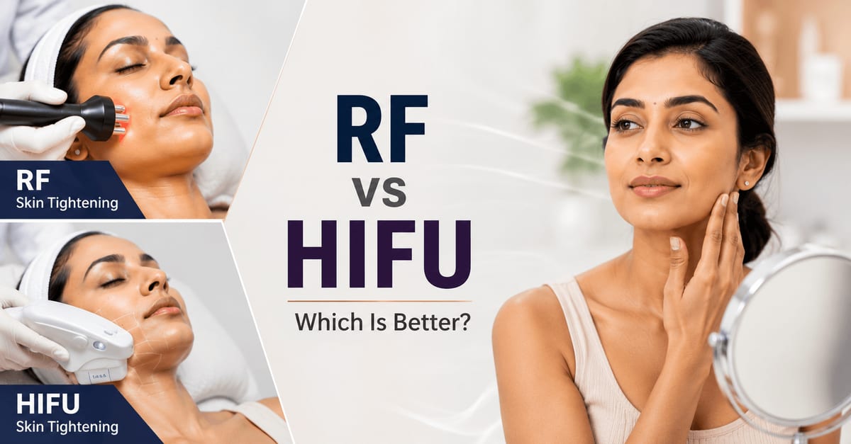 Comparison of RF and HIFU skin tightening treatments performed on an Indian woman for facial rejuvenation and non-surgical skin tightening.