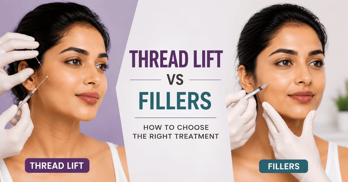 Indian woman comparing thread lift and dermal filler treatments for facial rejuvenation at a dermatology clinic.