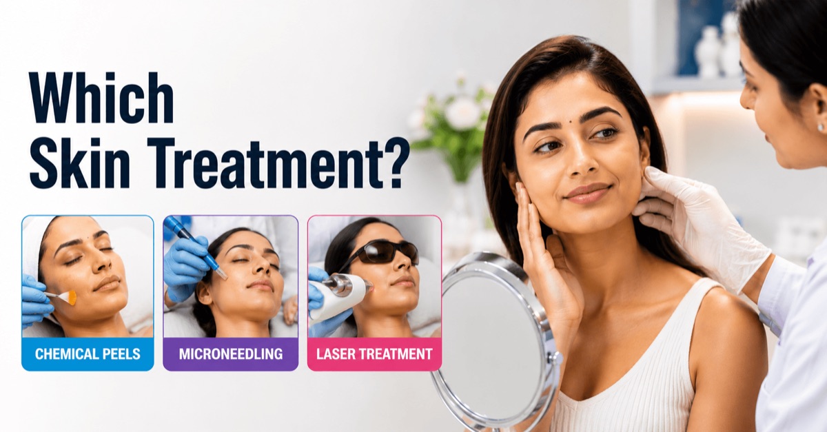 Artwork showing chemical peel, microneedling and laser treatments side by side