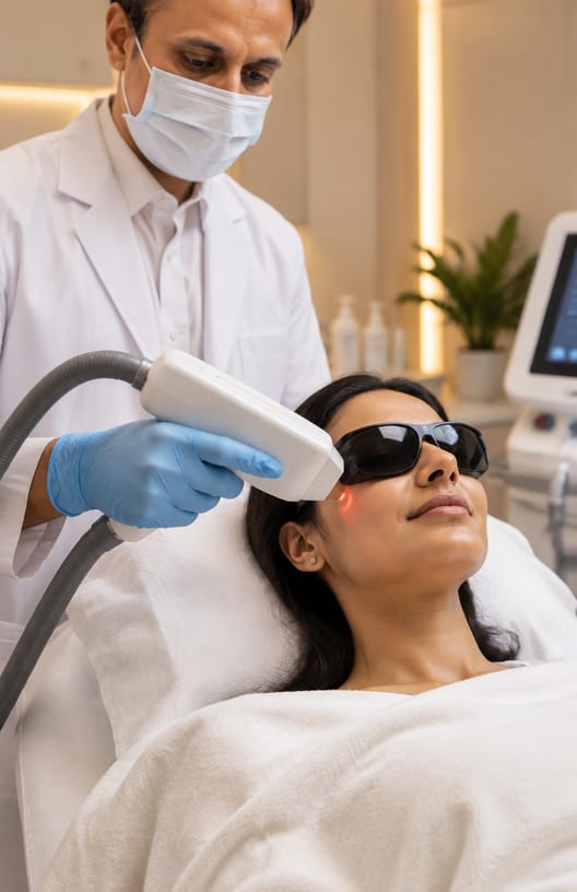 Dr Sandeep Mahapatra performing a laser treatment on a reclining patient wearing eye shields