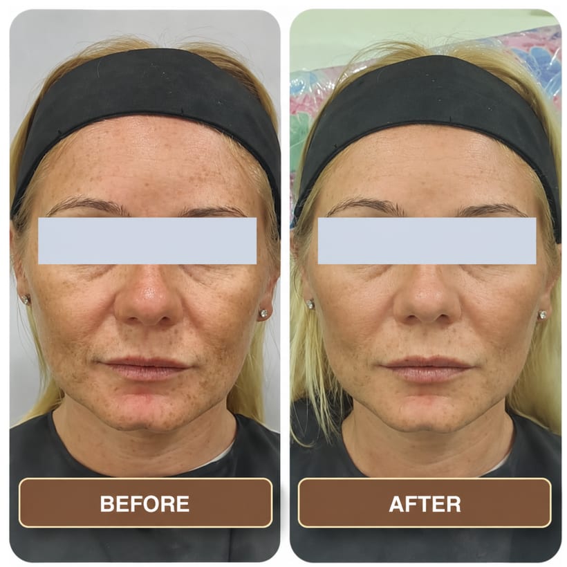A woman with freckled skin and a dark headband photographed front-on twice, the two shots side by side and labelled Before and After