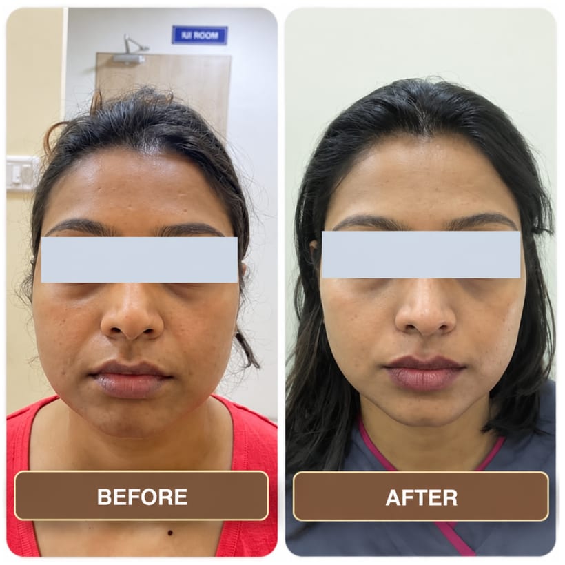 A woman photographed front-on twice in a clinic corridor, the two shots side by side and labelled Before and After