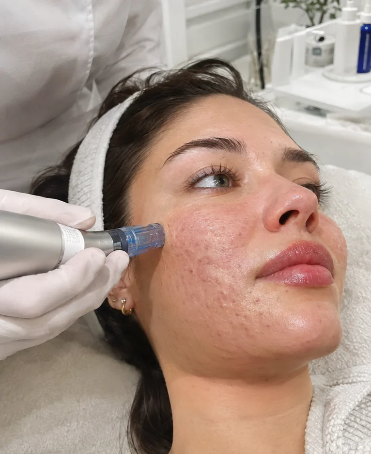 Microneedling treatment on a patient’s cheek