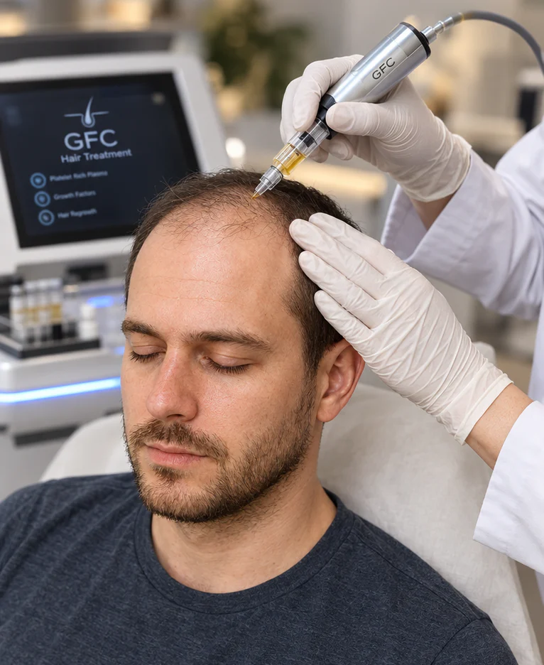 Growth-factor treatment being administered to the scalp