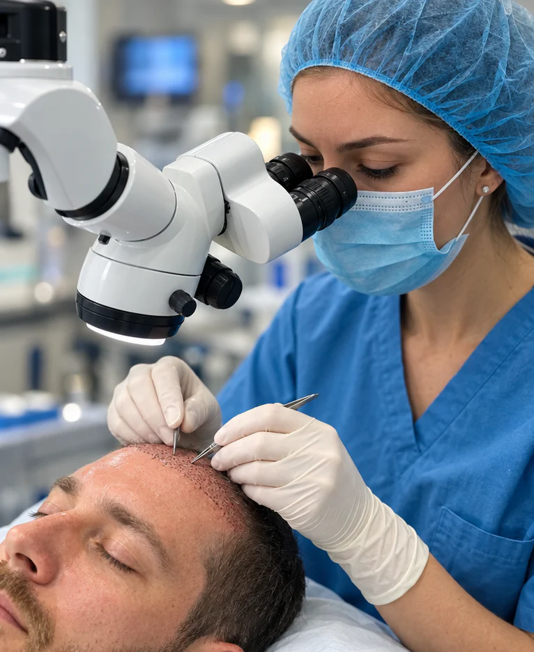 Hair restoration procedure performed under magnification