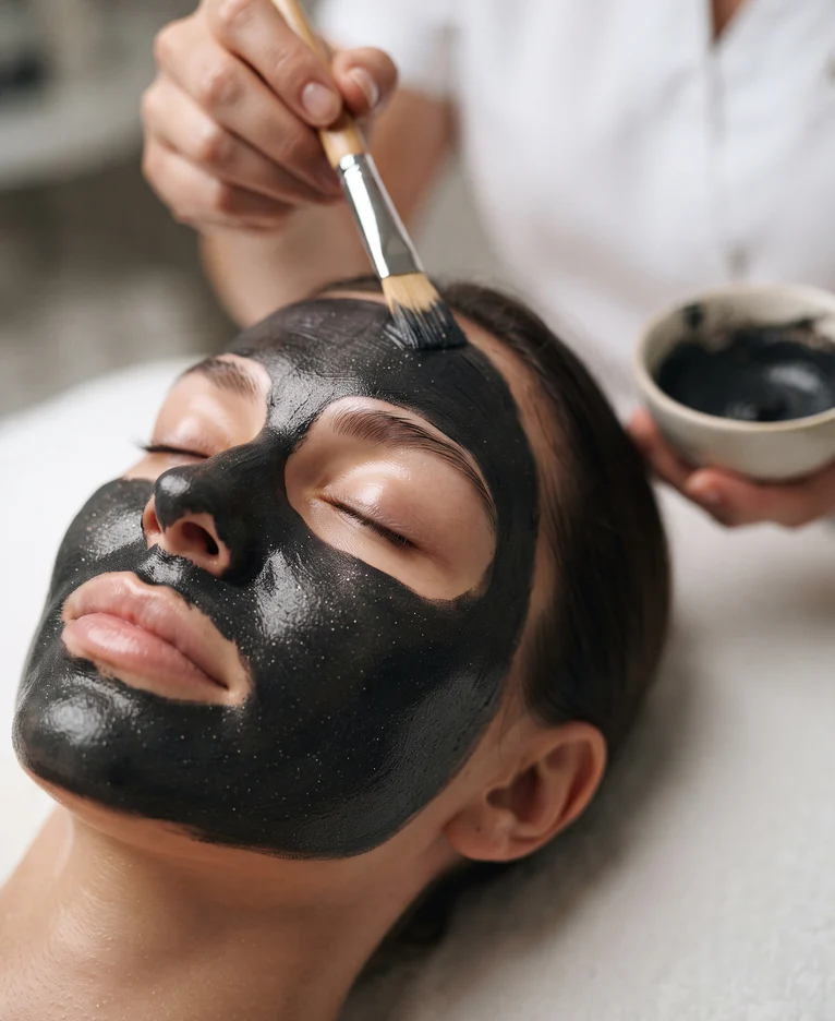 Carbon mask being applied during a Hollywood facial