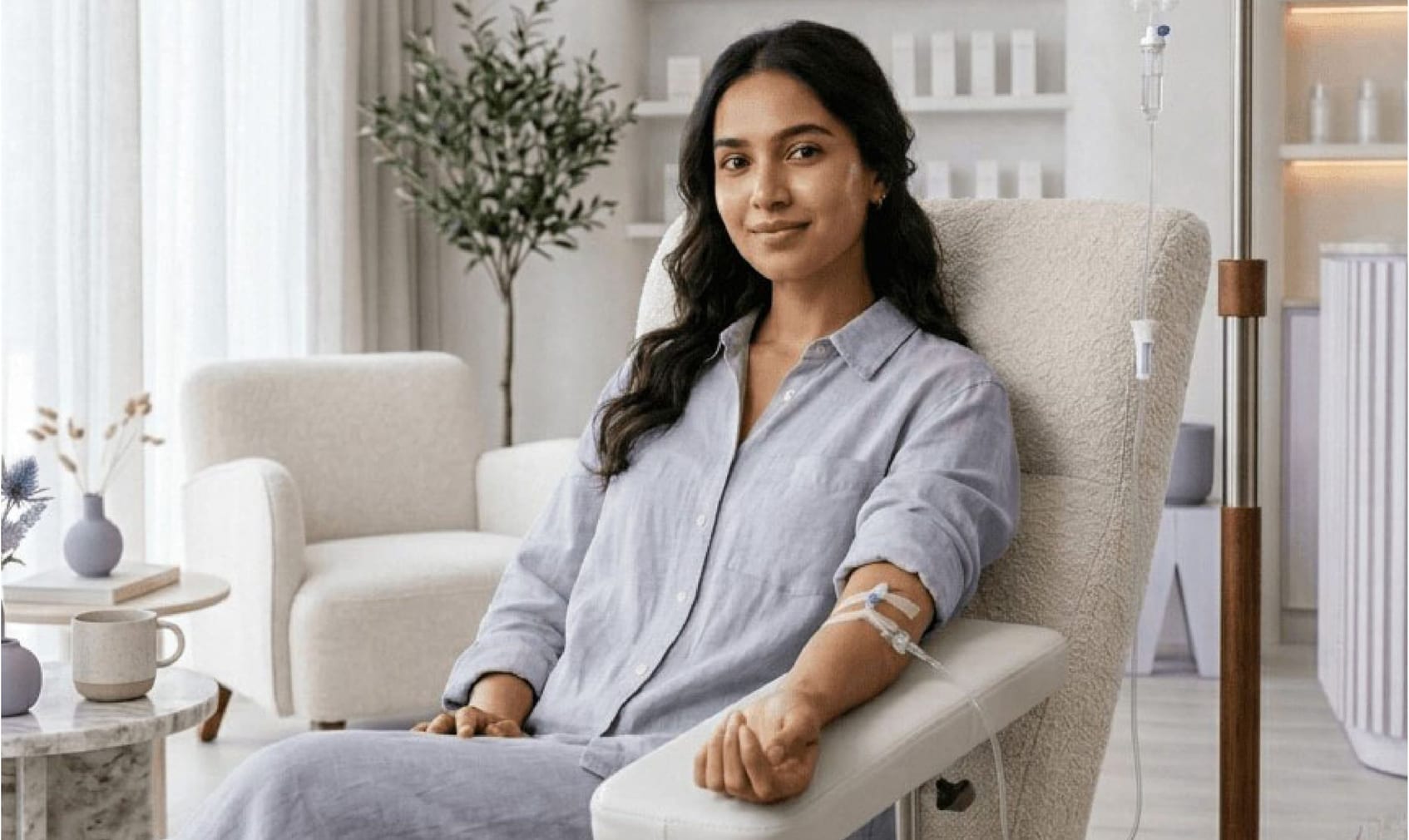 Patient receiving an IV drip in a clinic lounge