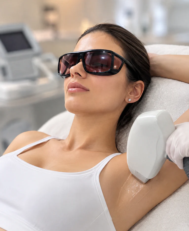 Laser hair removal treatment on a patient’s underarm
