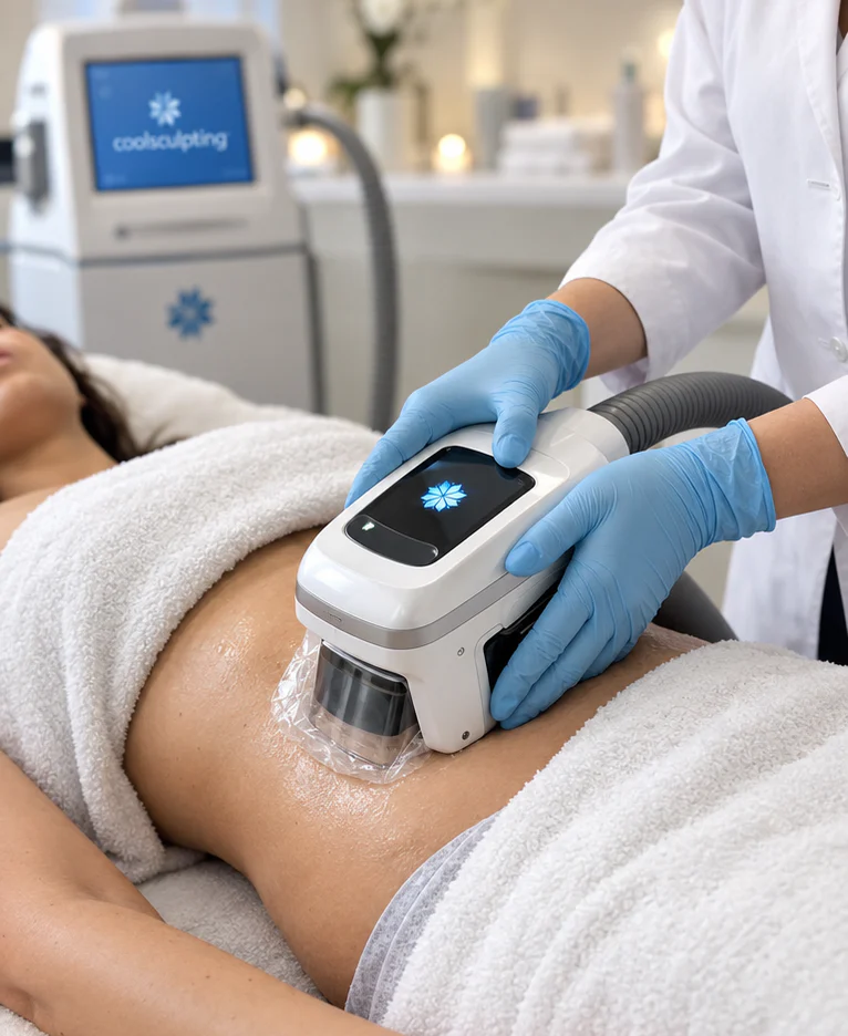 Body-contouring applicator on a patient’s abdomen