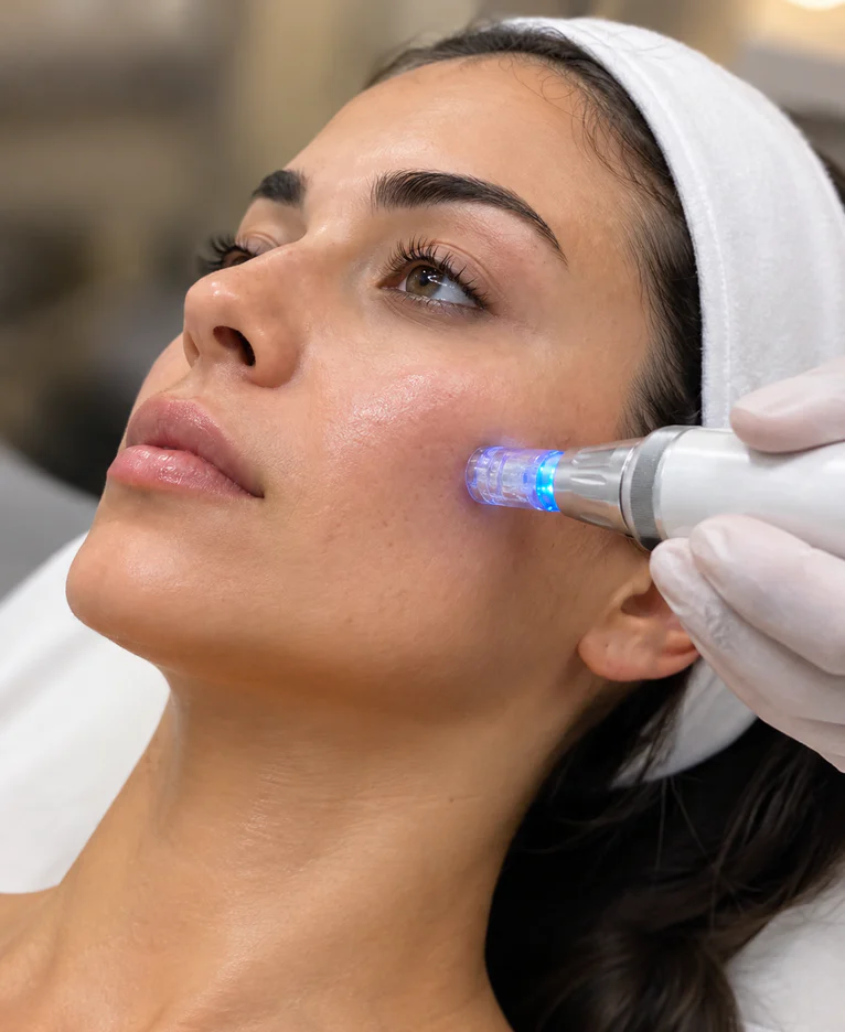 Microneedling radiofrequency treatment on a patient’s cheek
