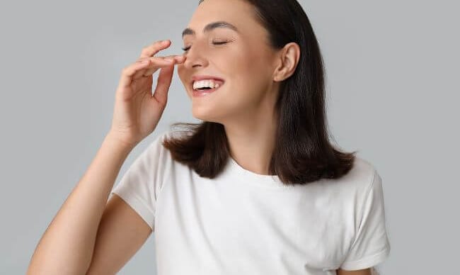Woman touching the bridge of her nose